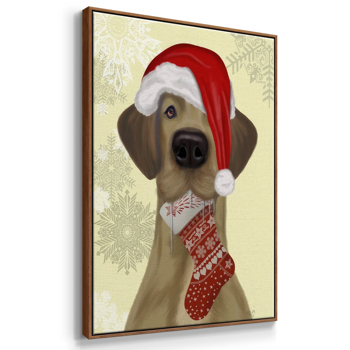 Christmas Drooly Christmas Dane - Framed Gallery Wrapped Holiday Canvas - 27 x 41 - Rosewood Frame