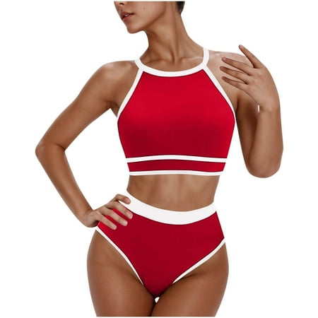 Uaswgudfs Women s Two-Piece Swimsuit Set with Contoured Chest Panel and High-Waisted Bikini Bottom in Seamless Stretch Design Red L