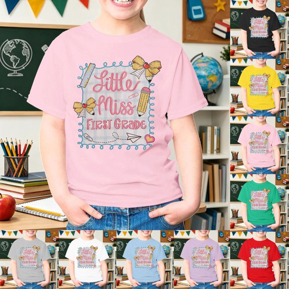 SOFTCCLO School Uniform for Girls Short Sleeve Graphic Tees Back to School Cartoon Print Crewneck Fashion Casual Campus Kids T Shirts 3-4Y