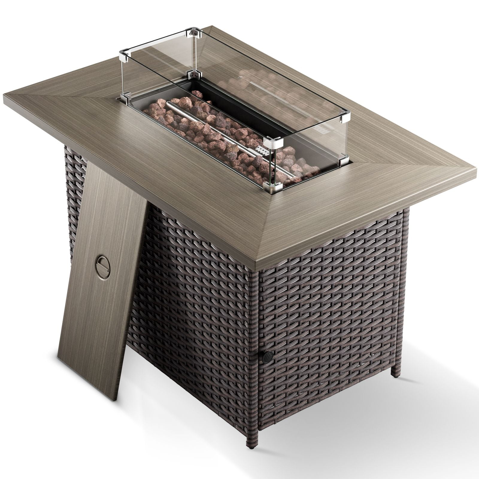 OPOHORO 41" Rectangular Propane Fire Pit 50,000 BTU Outdoor PE Wicker Fire Pit Table with Lid, Brown
