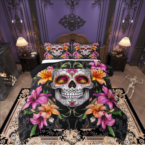 Feelyou Damask Skeleton Queen Comforter Set, Pink Flower Floral Bedding Sets, Happy Halloween Reversible Bedding Comforter Set, Luxury Bedroom Decor,3 Pieces