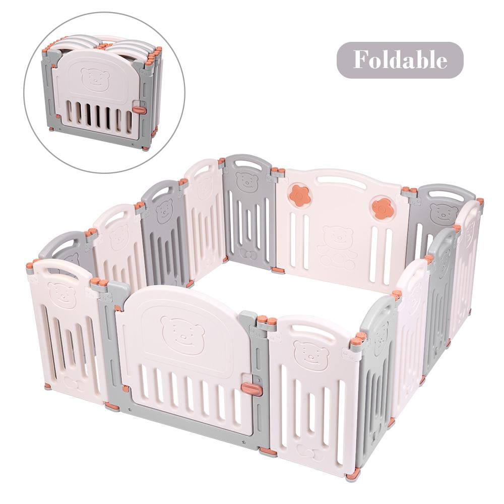 Gray Baby Playpen Safety Gate Children Baby Security Game Play Fence for Bed Home Indoor Outdoor Multicolour 14 Panel Foldable Kids Safety Activity Center Playard with Walk-Through Locking Gate 