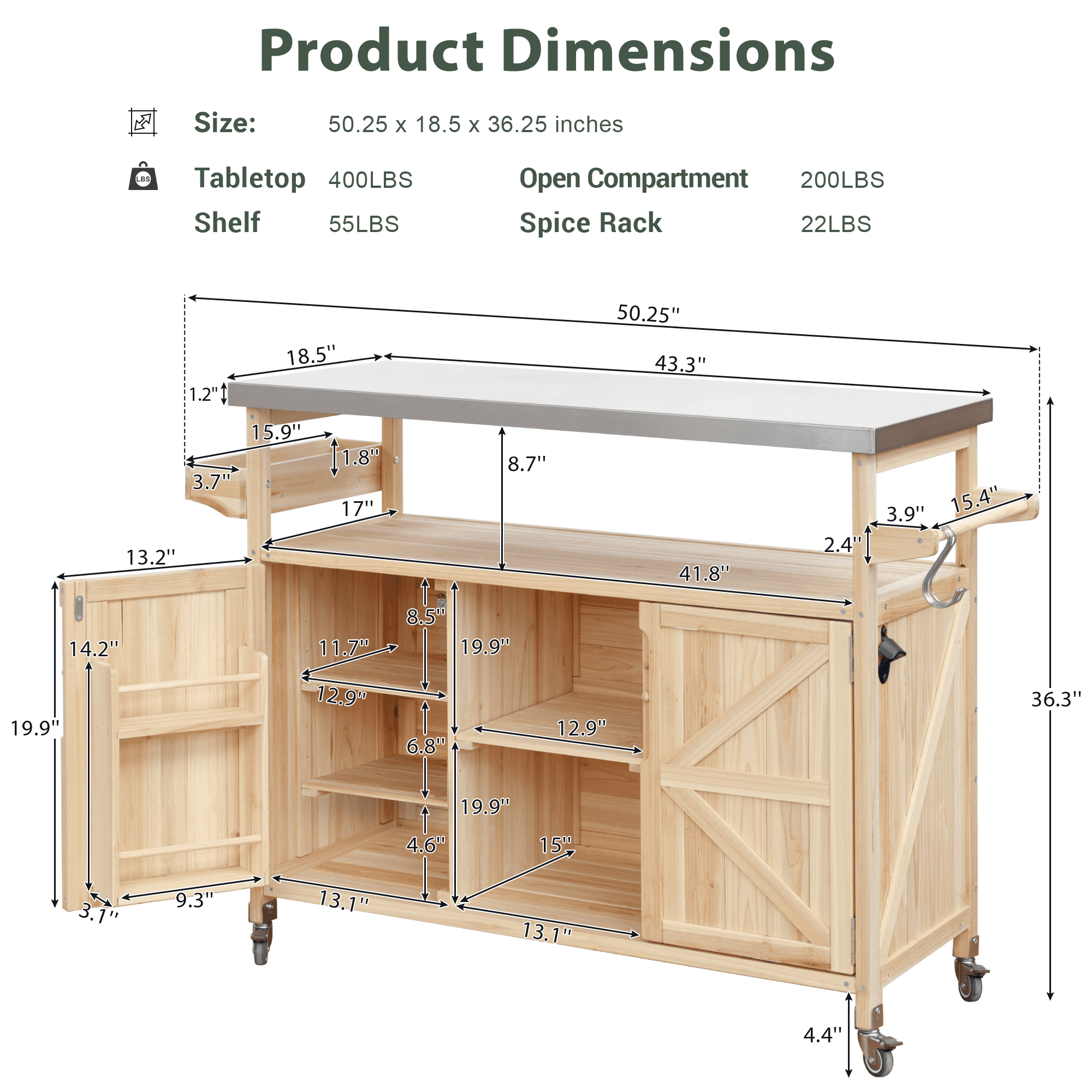 EUROCO 54.3" Outdoor Farmhouse Kitchen islands Cart with Storage on Wheels, Solid Wood Kitchen Cart with Stainless Steel Top, 2 Doors and Towel Rack, Spice Rack Rolling Cart for Kitchen&BBQ , Natural