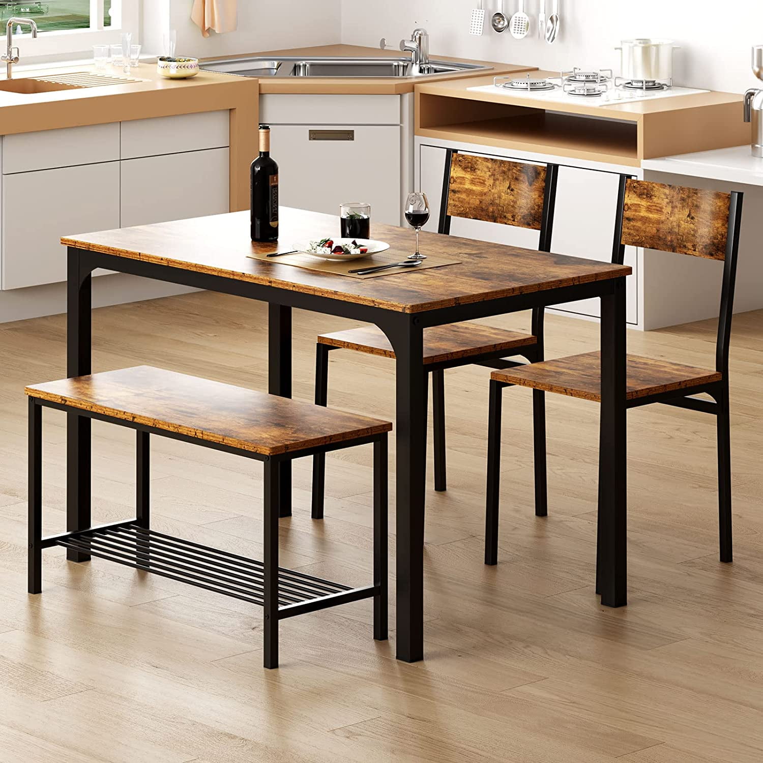 Dining Table Set for 4, Kitchen Room Table Set with Bench, 2-Piece Dining Chairs Set for Breakfast Nook - 42.9"×27.3" Retro