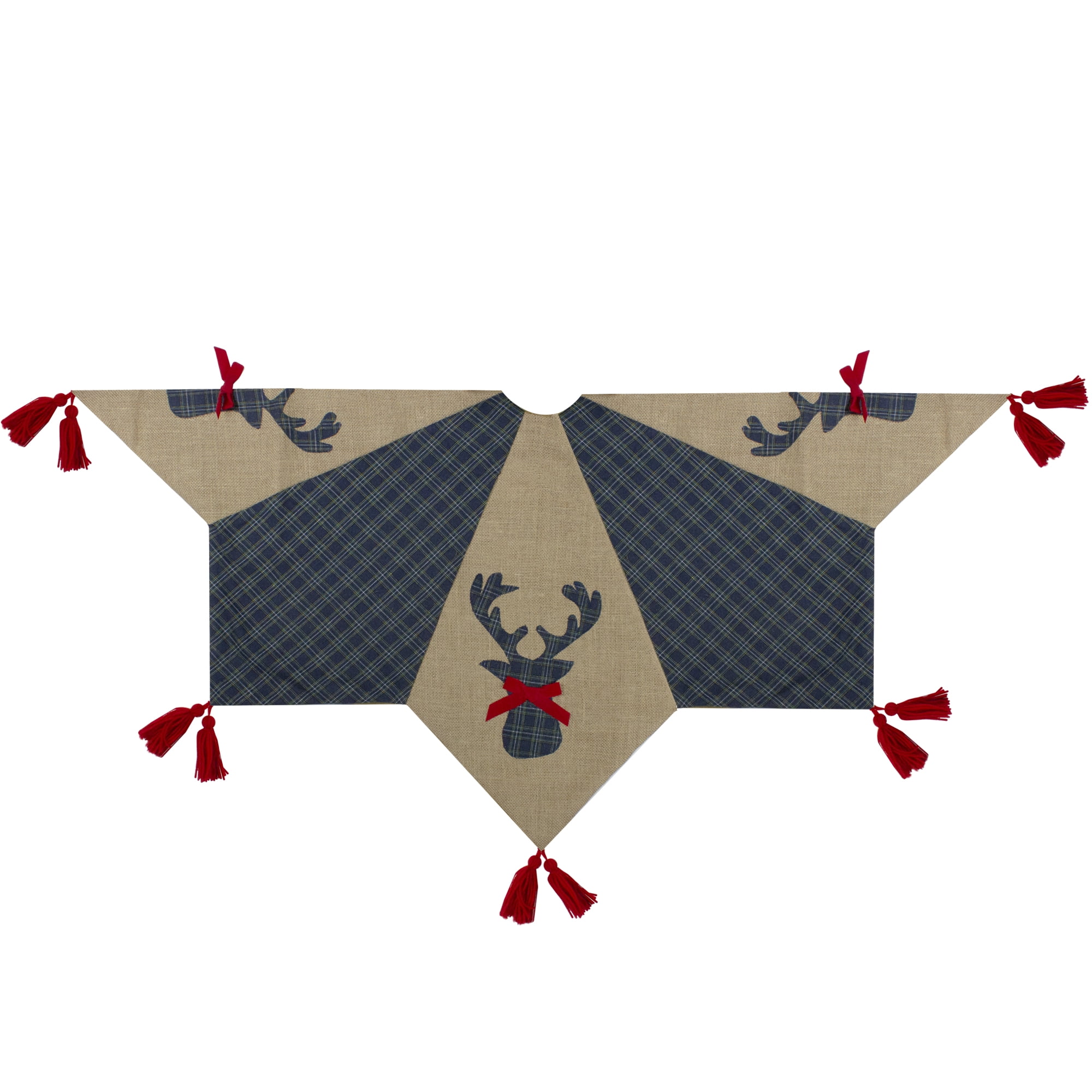 Northlight 48" Blue and Brown Burlap and Plaid Reindeer Christmas Tree Skirt with Tassels - 48