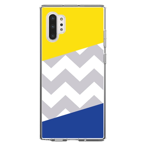 DistinctInk Clear Shockproof Hybrid Case for Galaxy Note 10 PLUS (6.8" Screen) - TPU Bumper, Acrylic Back, Tempered Glass Screen Protector - Blue Yellow Block Grey Chevron - Stripes Pattern
