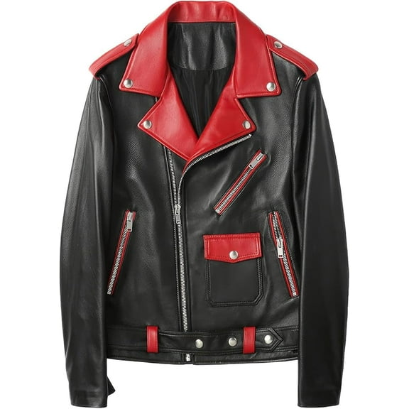 HIDE CRAFTS Men's Black Biker Sheepskin Leather Jacket with Red Lapel Collar Moto Asymmetric Zip, and Belt (US, Alpha, Medium, Regular, Regular, Black and Red)