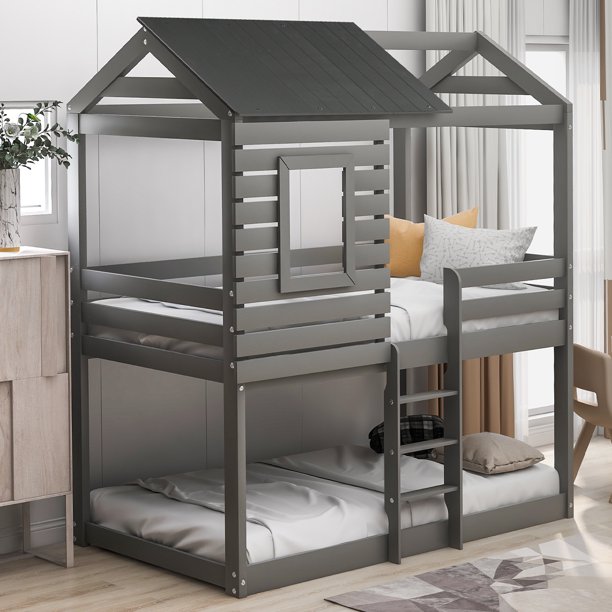 ModernLuxe Twin over Twin Low Bunk Bed with Roof and Guard ...