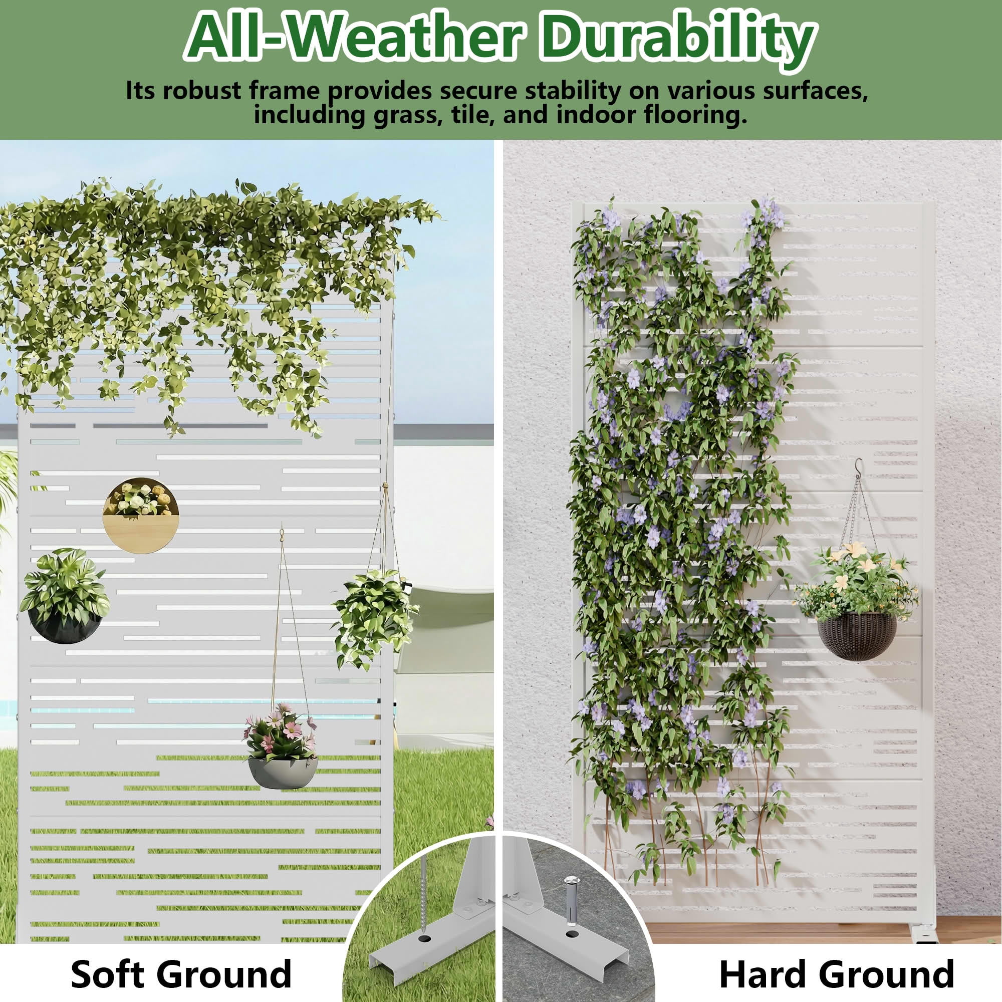 MAYEERTY Outdoor Metal Privacy Screen 5ft White, 5-Panel Light & Shadow Pattern, Rust-Resistant for Garden