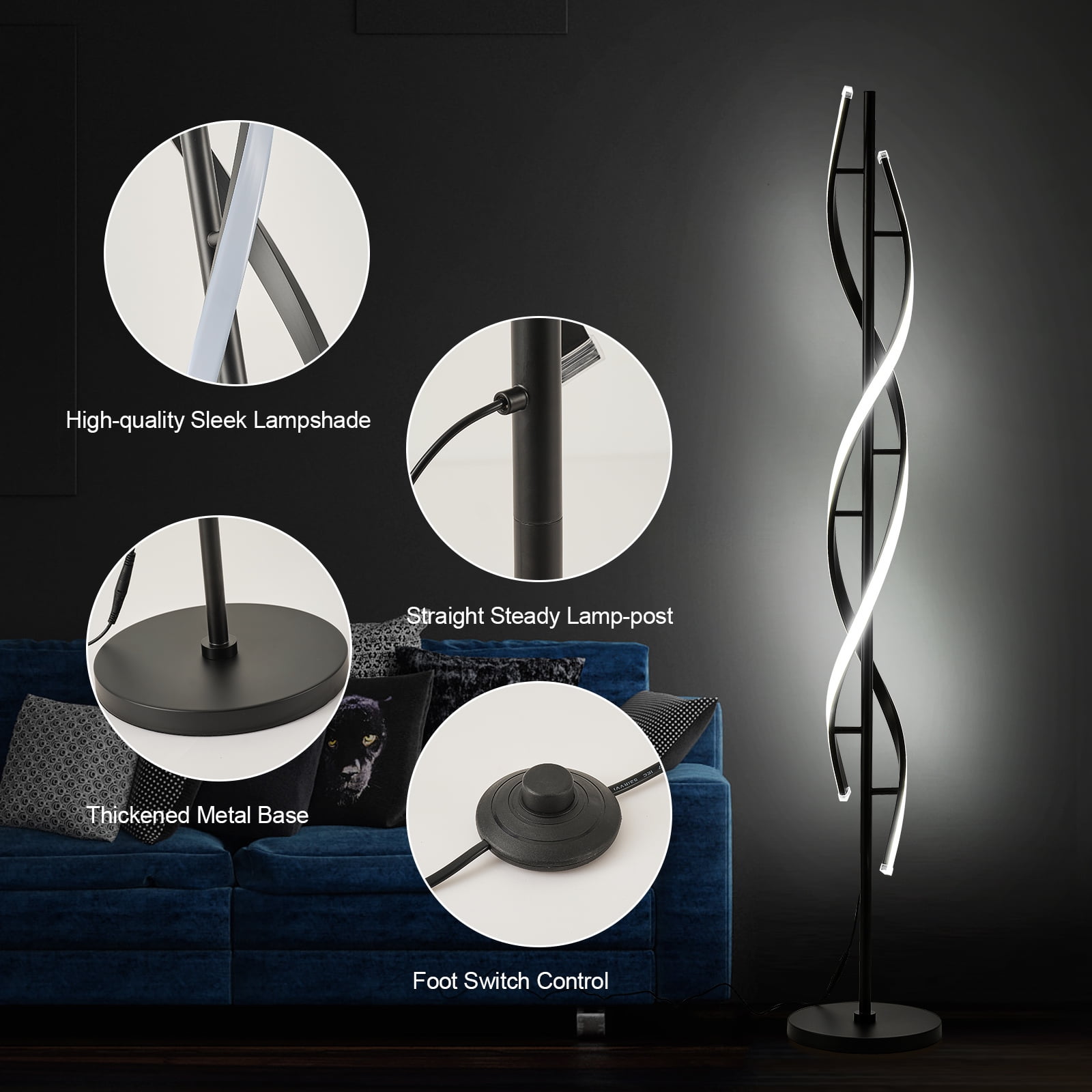 LED Spiral Floor Lamp 60 Inch Modern Floor Lamps Dimmable Black Standing Lamp 34W Contemporary Floor Lamps for Living Room Bedroom Kitchen Office
