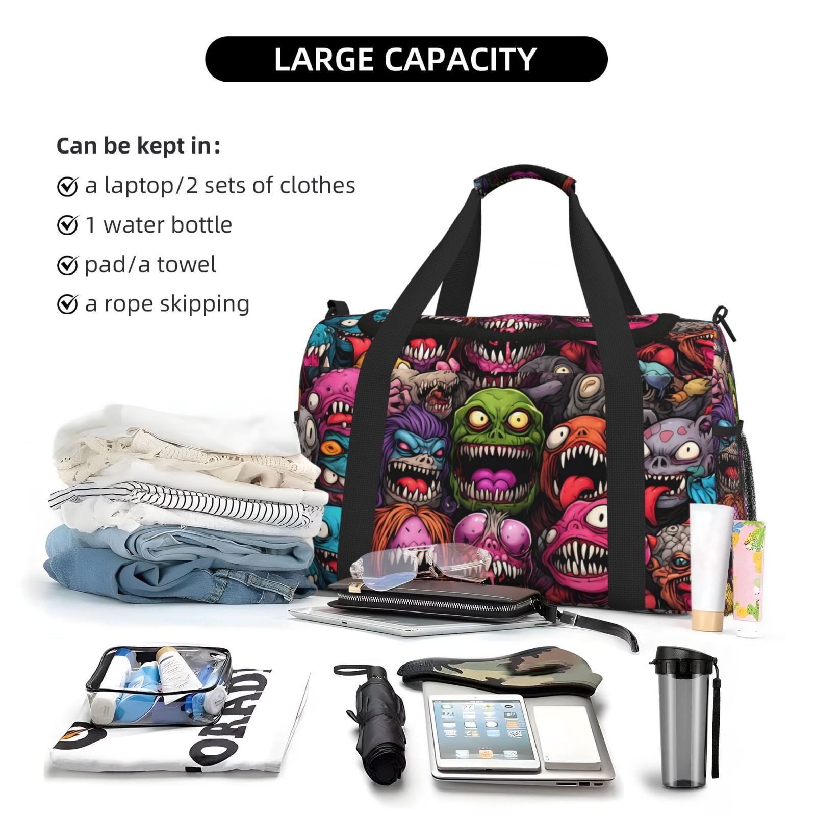 Fuzoiu Monstrous Cartoon Characters Print Travel Duffle Bag,Carry On Tote Bags,Duffel Bag,Sport Gym Bag, Hospital Bag for Labor and Delivery, Overnight Bag,Luggage Bag