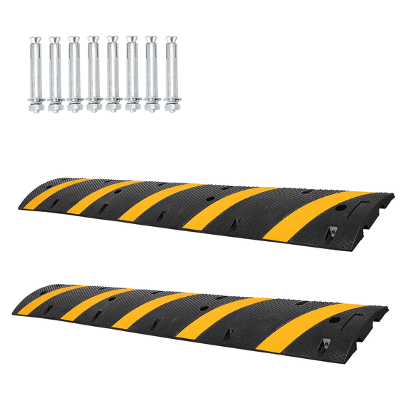 Mescukay 6FT Rubber Speed Bumps Set of 2, Heavy Duty Speed Bumps for Driveway Rubber Gravel Road Asphalt Parking, 2 Channel Modular Driveway Speed Bumps Cable Protector Ramp with 6 Bolts Spikes