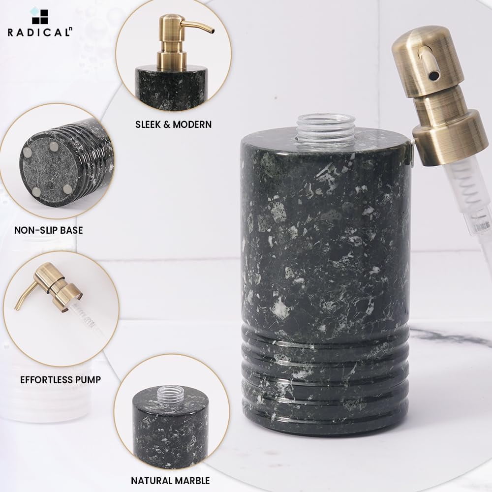 Radicaln Marble Soap Dispenser 7.5 inch Black Onyx Hand Soap, Lotion, Foaming Shampoo and Conditioner Container for Bathroom Decor and Accessories - Liquid Dish Soap Dispenser for Kitchen Sink