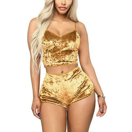 

Qiylii Women 2PCS Pajamas Set Slim Strap Solid Color Sling Crop Top Shorts
