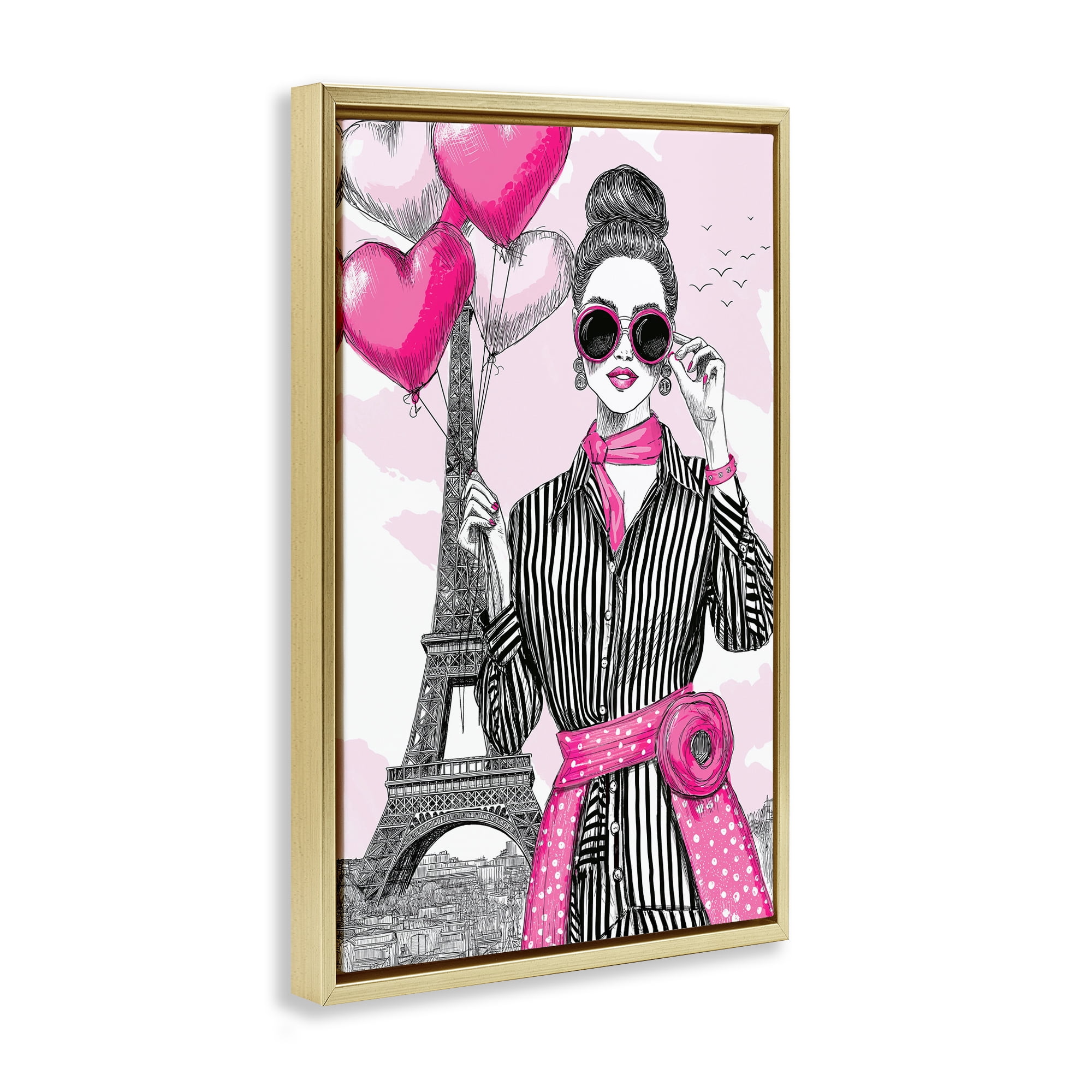 Stupell Industries Parisian Chic Woman with Balloons Gold Framed Floater Canvas Wall Art, design by Jess Stempel