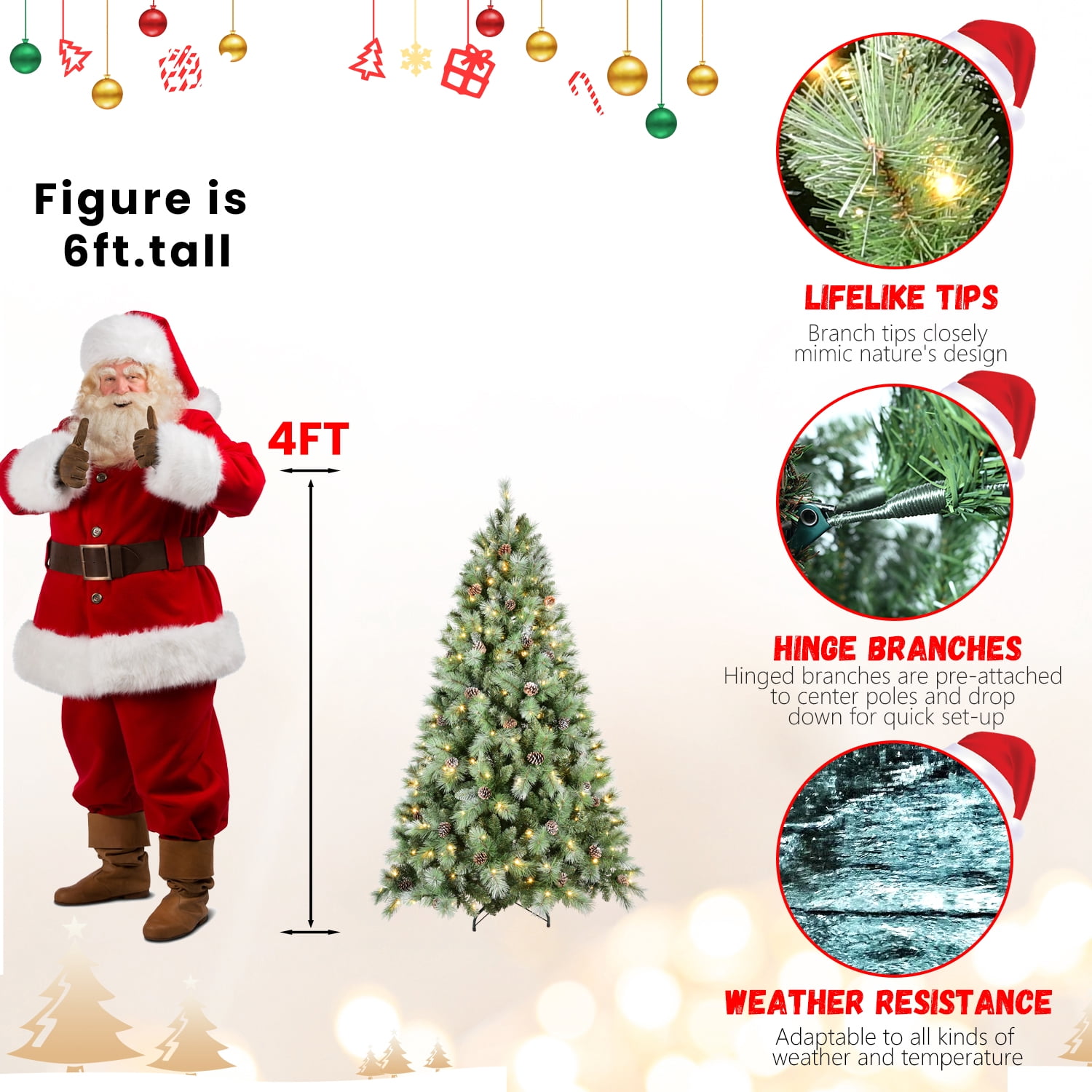7.5ft Prelit Flocked Christmas Tree 1858 Tips 102 Pine Cones 550 LED Lights Hinged Branches Metal Stand