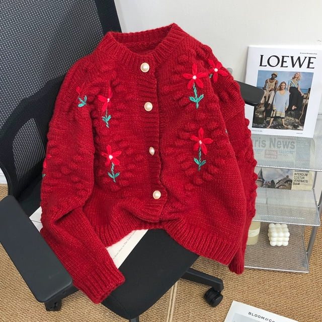 Suéter tipo cárdigan con bordado tridimensional de flores pequeñas para mujer, estilo suave, otoño e invierno, suelto y ajustado, de punto, estilo coreano