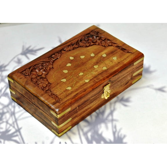 India House-Hand Engraved Inlaid Brass Chips Wooden Box Keepsake Jewelry Organizer &Storage- 8x5 inch