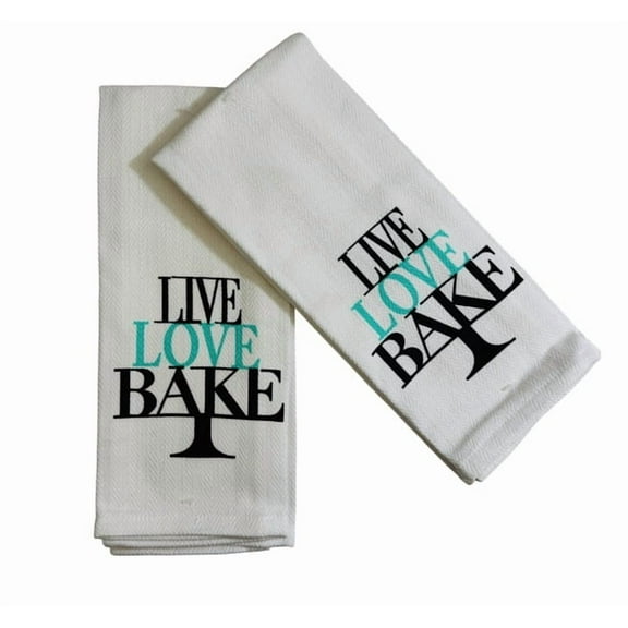 Serafina Home Funny Bakers Kitchen Dish Towels: Live Love Bake, White Herringbone Weave with Print