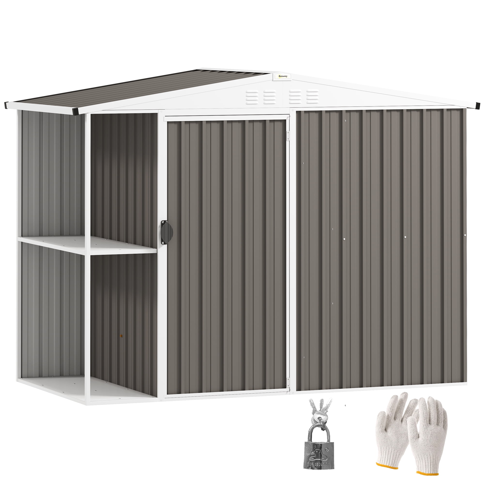 Outsunny 8 x 4ft Garden Storage Shed, Outdoor Metal Tool Shed with 2-Tier Storage Rack, Vents and Lock for Backyard, Patio, Lawn, Warm Gray