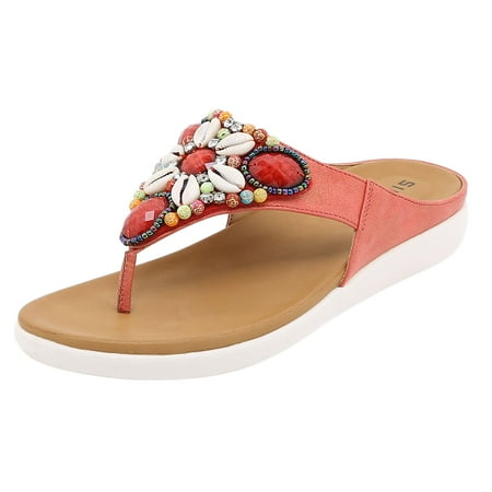 

Fesfesfes Slandals for Women s Shoes Summer Ethnic Style Slippers Beach Seaside Bohemian Retro Beaded Shell Mid Heels Sandals Flip Flops