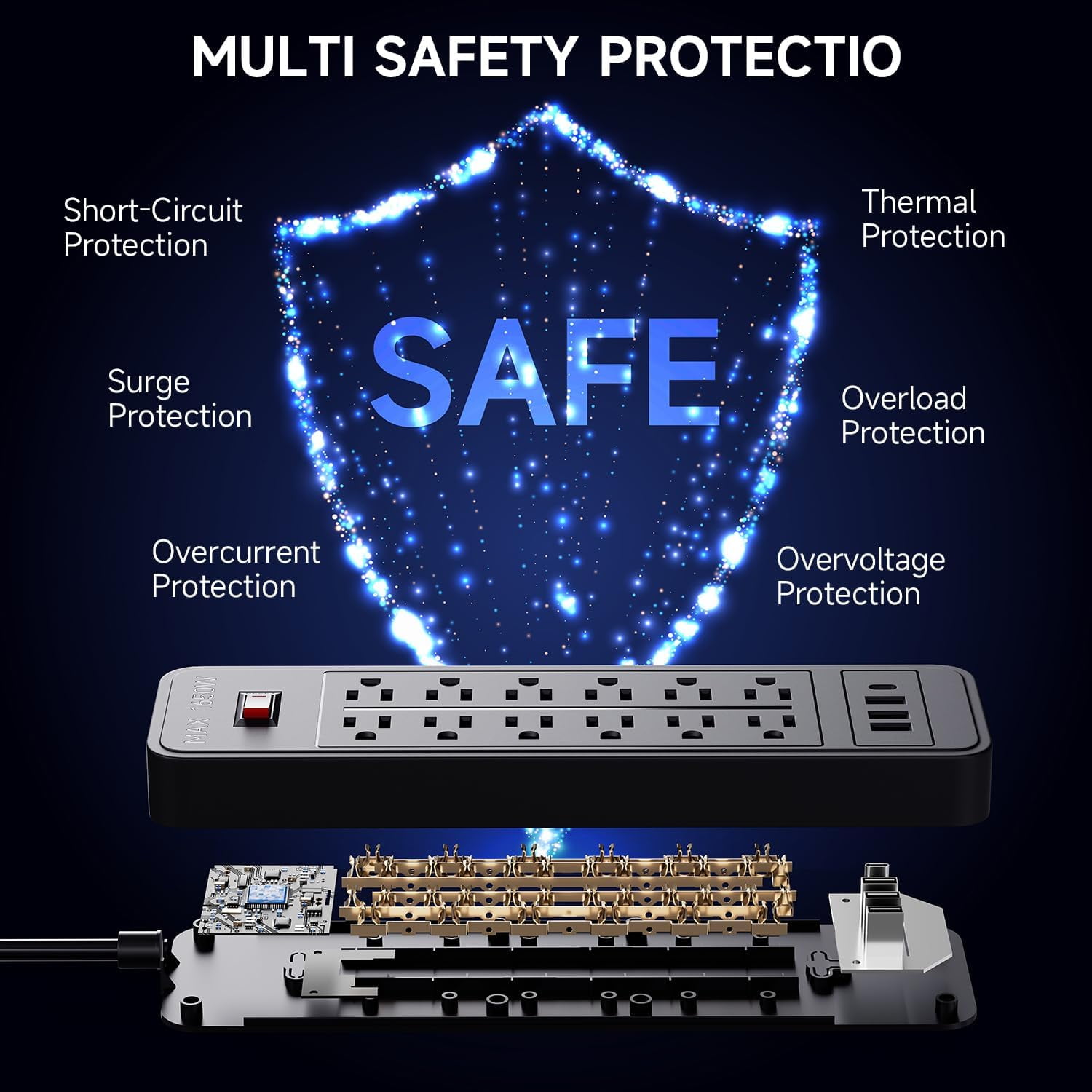 ZHANGONG Surge Protector with 12 Outlets 4 USB Ports, 2000J Power Strip, 5ft Flat Plug Extension Cord, Wall Mountable for Home and Office