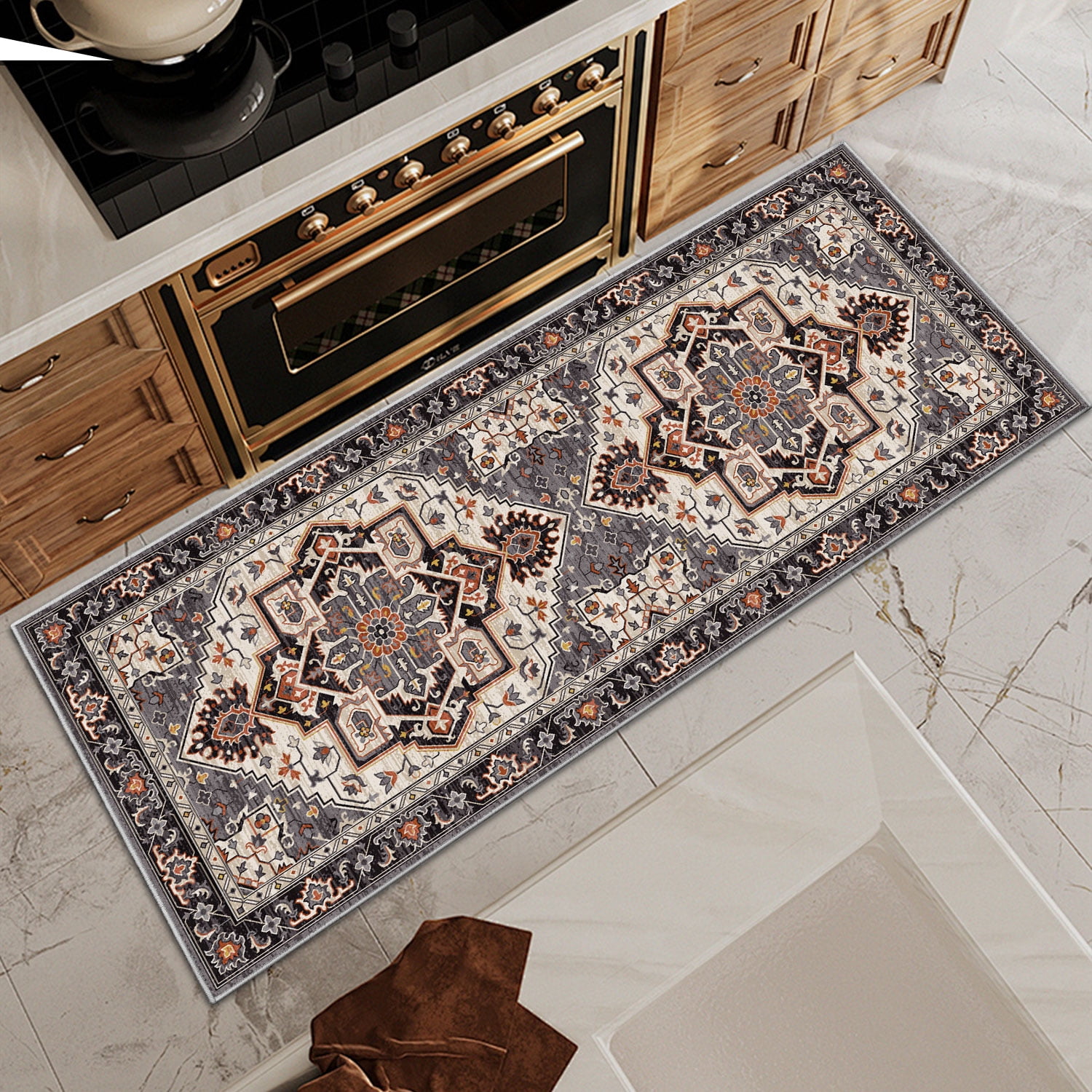 TECHVIDA Kitchen Rugs 3 Piece Set,Non Slip Machine Washable Kitchen Mats,Boho Vintage Abstract Kitchen Carpet for Farmhouse Living Room Hallway