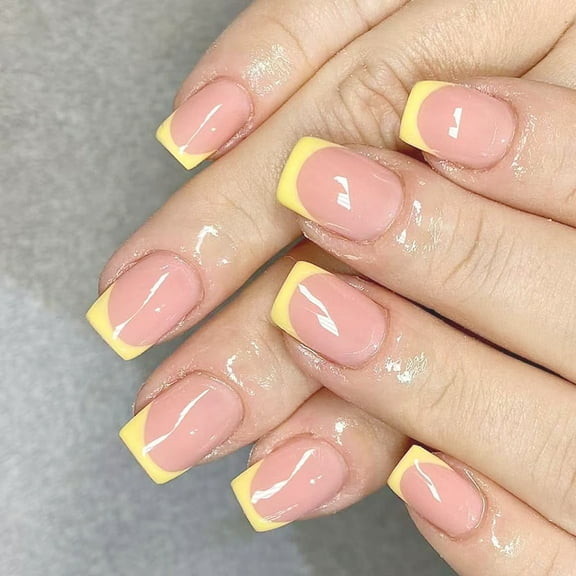 KUFptva Press on Nails Short Square Yellow Fake Nails Full Covers False Nails with Solid Color Glossy Stick on Nails for Women