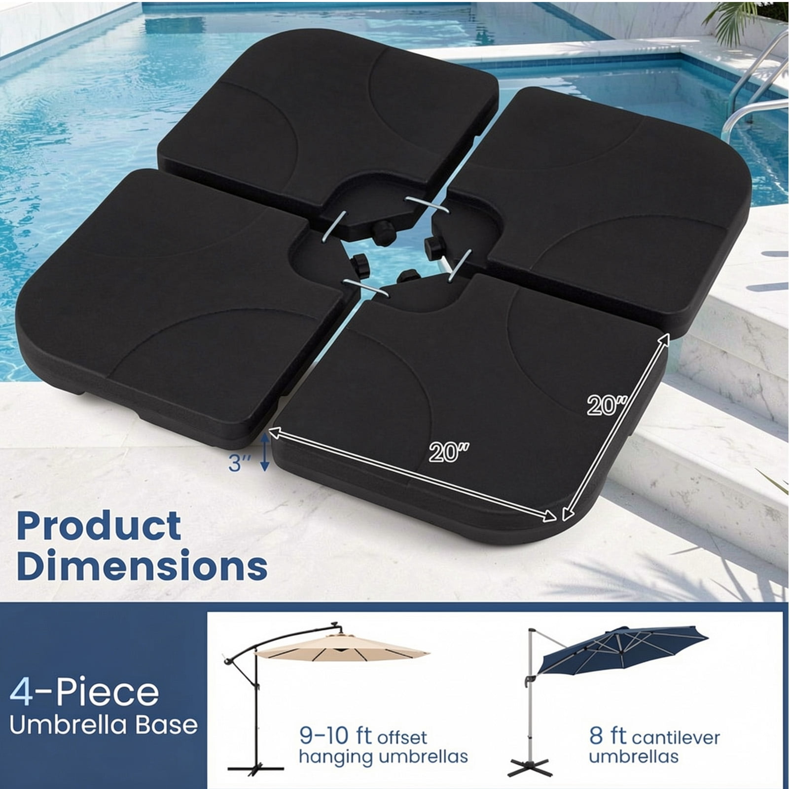 Biotree 4-Piece Offset Umbrella Base 164 lbs Capacity Heavy-Duty Square HDPE Fillable Plates with U-Locking Pins - Black