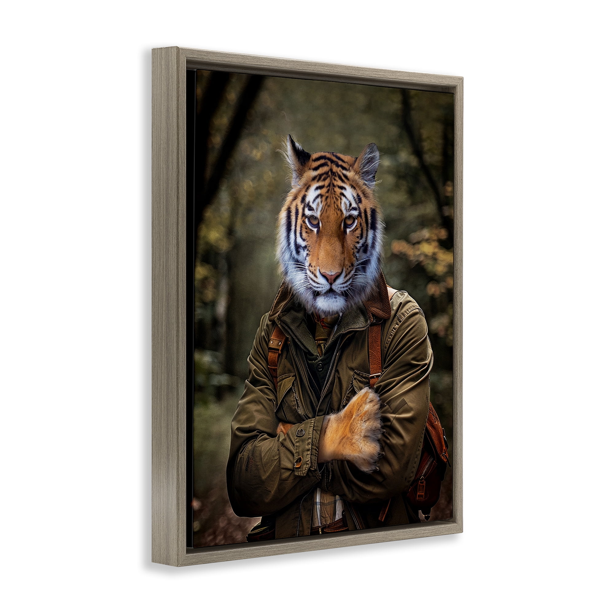 Stupell Industries Tiger in Hiking Attire Animals & Insects Painting Brown Floater Framed Canvas Art Print Wall Art, 25 x 31