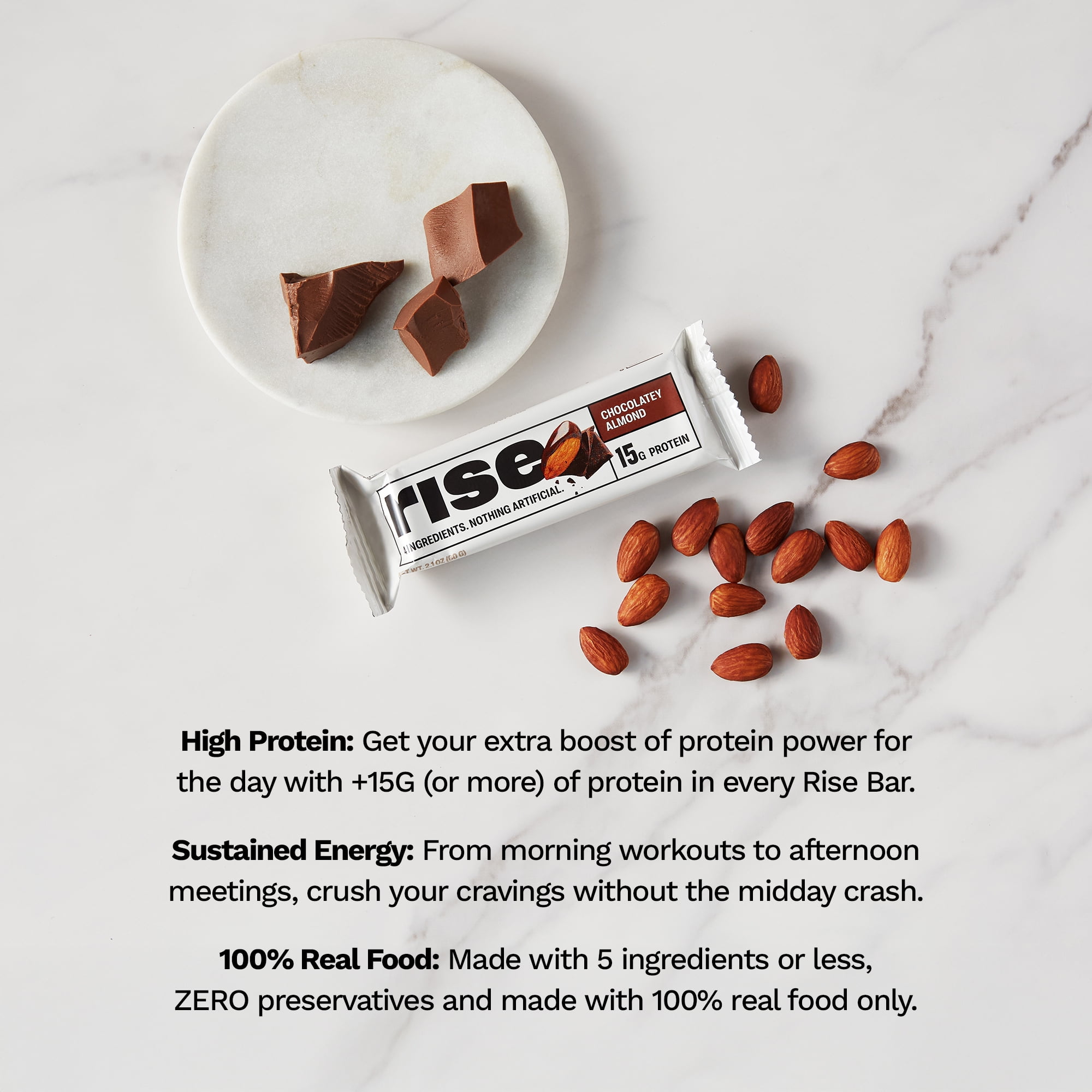 Rise Whey Protein Bars - Chocolatey Almond | Breakfast Bar & Protein Snack 15g Protein 5g Fiber Just 4 Whole Food Ingredients Gluten-Free Soy Free (12 Count)