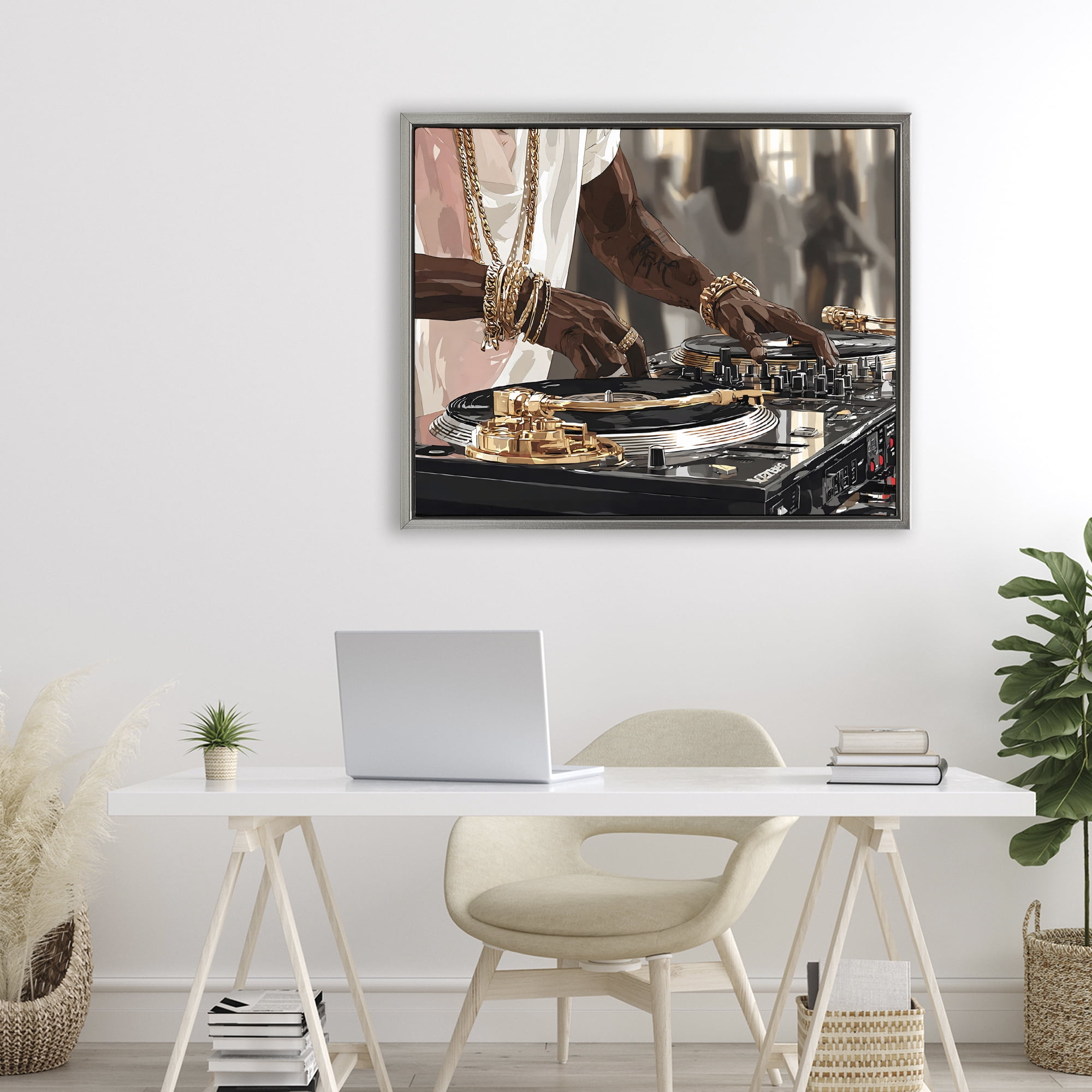 Stupell Industries Golden Sound DJ Turntables Gray Framed Floater Canvas Wall Art, design by Franklyn Gregory