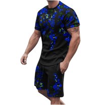 Honeeladyy Men's 2 Pieces Short Sets Cotton Henley Shirts Short Sleeve Casual Beach Shorts Summer Yoga Outfits #Lc-Blue-XXXL