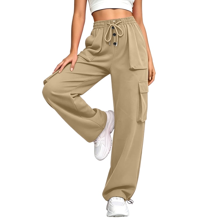 Cagogo Women Plus Size Wide Leg Cargo Pants Elastic Waist Casual