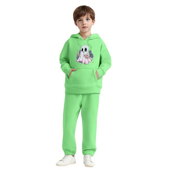 SYMOID Boys Green Ghost Print Hoodie and Joggers Set, 2-Piece Fleece Tracksuit, Soft Playwear & Hall-oween Sweatshirt Set for Kids,Size 3 T