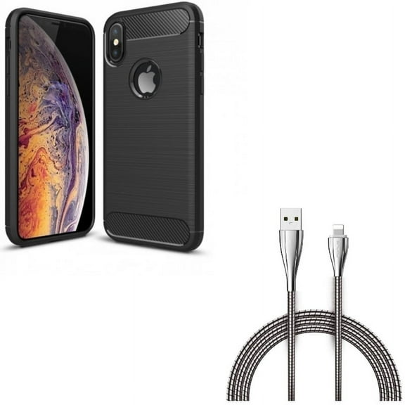 Case w Metal USB Cable for iPhone XS/X - Carbon Fiber Slim Fit Cover Reinforced Bumper Shock Absorbent, 6ft Charger Cord Power Wire Braided for iPhone XS/X