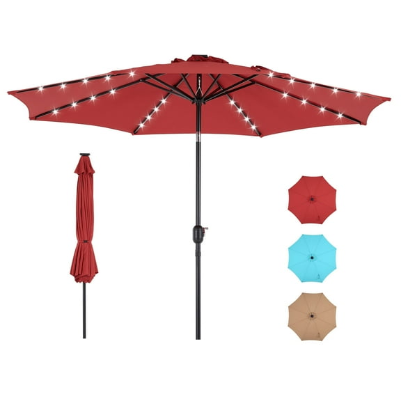 MCQ 10ft Solar LED Patio Umbrella with 32 Warm Lights, Tilt Adjustment & UV15 Fabric, Red