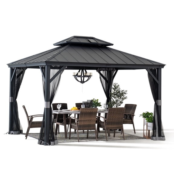 Sunjoy Hardtop Gazebo 10 x 12 ft. with Solar Panel Outdoor Patio Aluminum Frame Gazebo , 2-Tier Steel Hardtop Backyard Gazebo with Netting and Ceiling Hook, Black