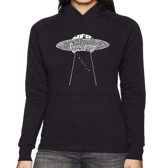LA Pop Art Women's Word Art Hooded Sweatshirt -Flying Saucer UFO