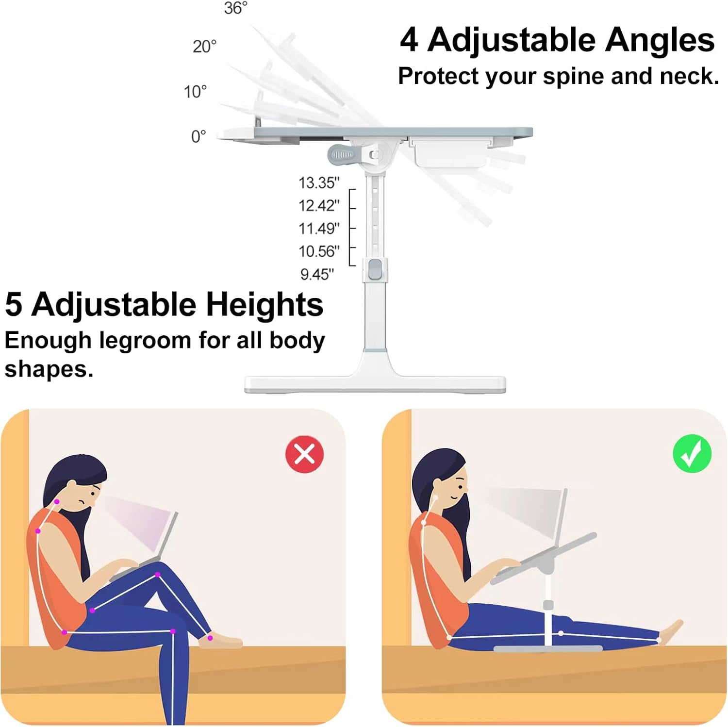 Laptop Overbed Desk with Drawer, Extra Large Foldable Overbed Desk Tray, (Marble, 23.6" x 15.7")