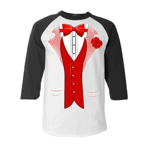Shop4Ever Men's Red Bow Tie Classic Tuxedo with Rose Flower Raglan Baseball Shirt Medium White/Black