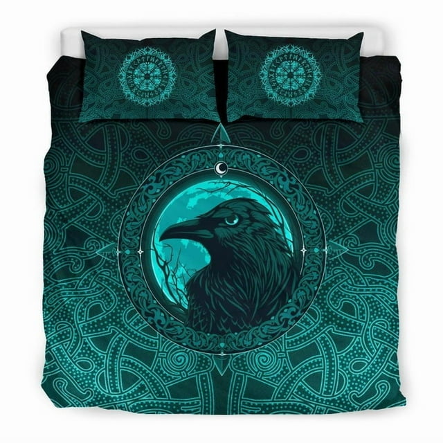 Viking Bedding Set, Ethnic Odin Raven Cyan RLT12