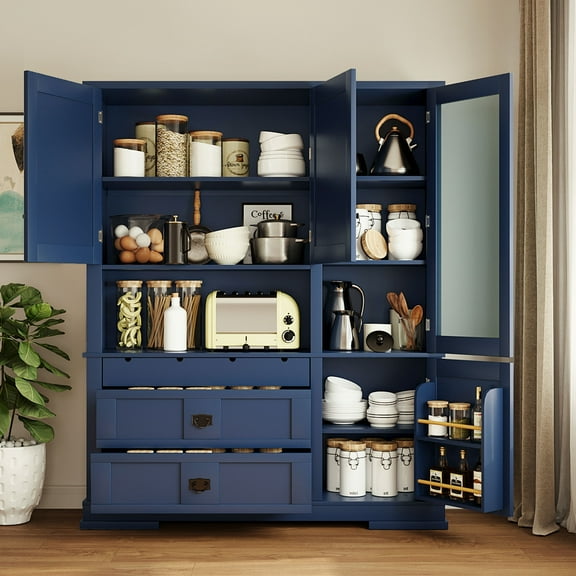 Euroco Traditional 63.3x17.8.x78.3inch Freestanding Buffet with Hutch, Large Kitchen Pantry Storage Cabinet Cupboard with Drawers,Door Shelf and Adjustable Shelves, Blue