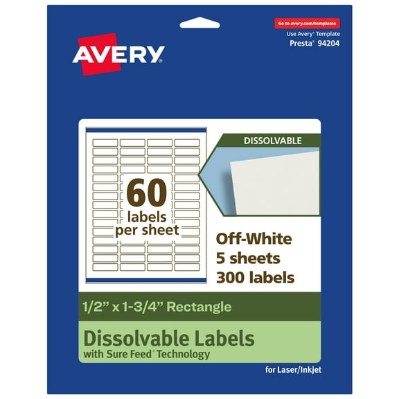 Avery Dissolvable Rectangle Labels, 0.5" x 1.75", 300 Labels