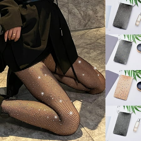 

Yamaler Women Pantyhose Rhinestones Mesh See Through Fishnet Solid Color Sexy Shiny Stretch Stockings Clubwear