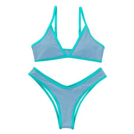 UTSJKR Women Triangle High Cut Bikini Sets Color Block Split Style Sexy High Waisted Thong String 2 Piece Swimsuit Gray S