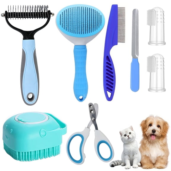 Hoolife Pet Grooming Brush Kit, 8 Pcs for Shedding & Matted Fur, with Flea Comb and Dog Bath Brush, Cat Dog Brush Grooming Kits, Blue