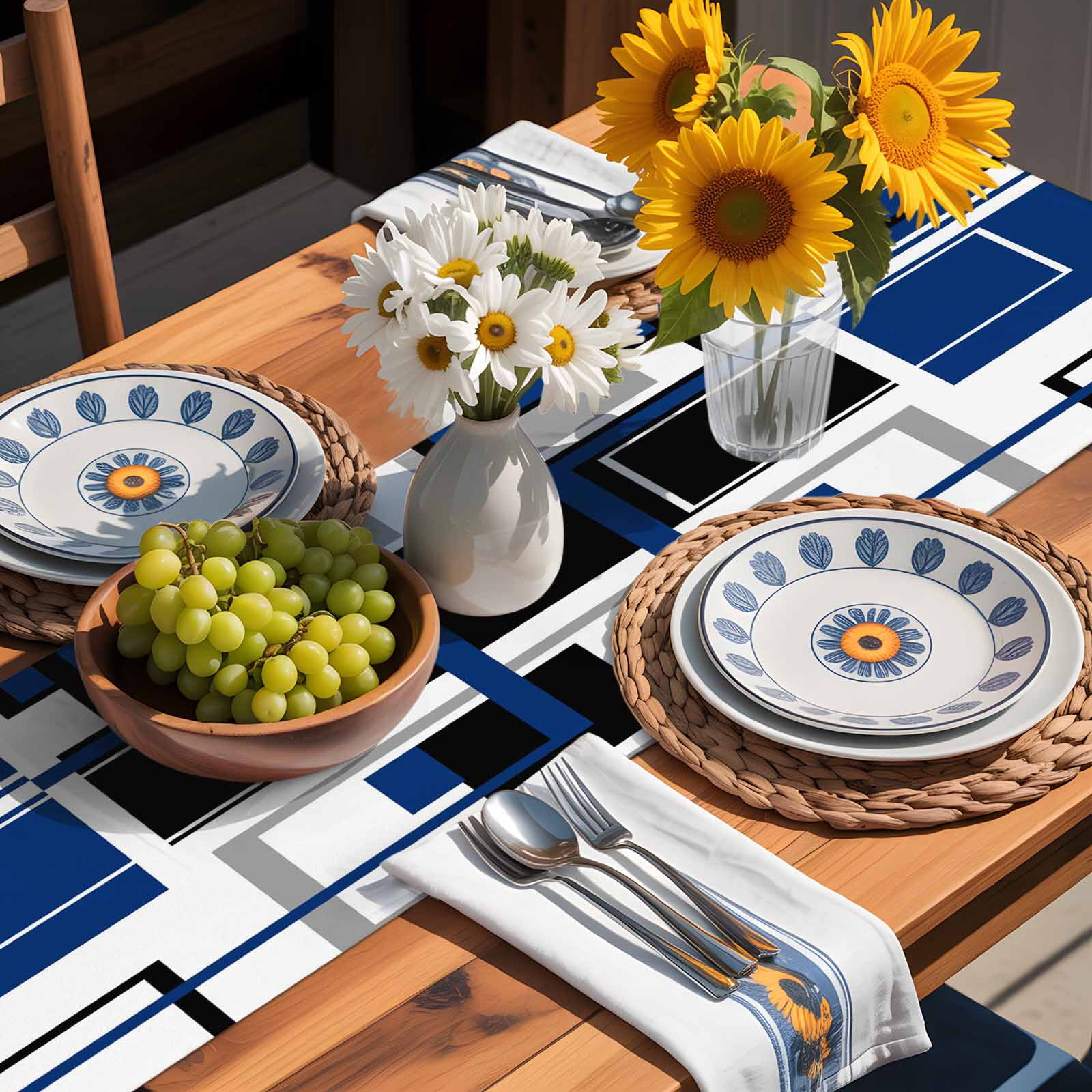 Abstract Geometric Navy Blue Color Block Table Runner 90 Inches Long, Gray Stripe Modern Art Table Runners Tabletop Scarf Kitchen Dining Tables Decoration for Home Party Indoor Outdoor
