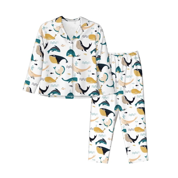 Fotbe Cute Whale Conjunto de Pijama de Manga Larga para Mujer con Estampado, Ropa de Dormir de 2 Piezas, Conjunto de Casa Suave y Cómodo con Bolsillos-XX-Large