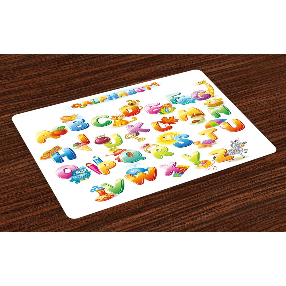 Educational Placemats Set of 4 Cheerful Cartoon Fun Alphabet Design for